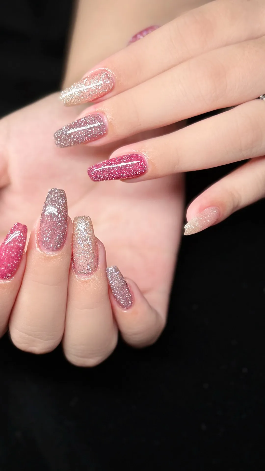 Glitter ombre coffin gel manicure in pink, silver and rose at L2 Nail Salon Mountain View