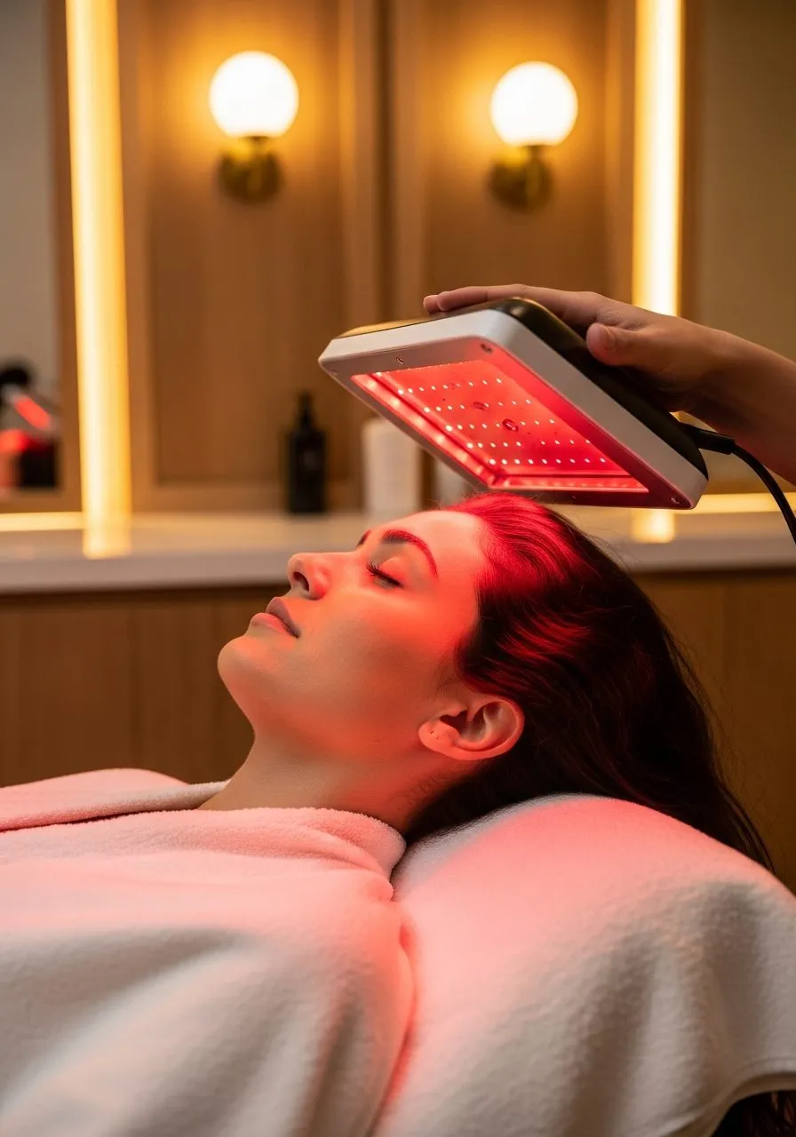 LED red infrared light therapy during the 90-minute hair growth ritual at Pure Hair Spa near Palo Alto